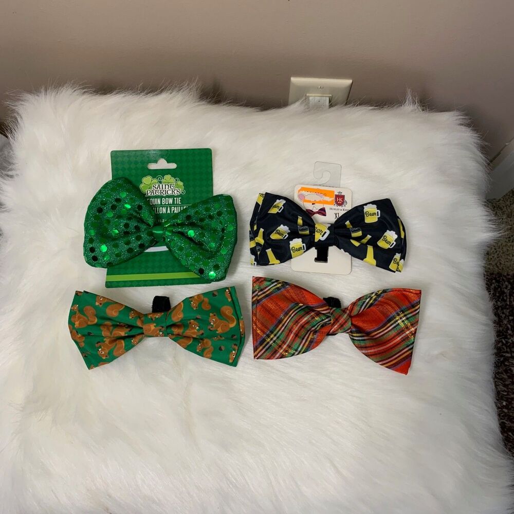 Lot of 4 Dog Bow Ties - Squirrel, Xmas Plaid, Beer, and St Paddy's Sparkles XL